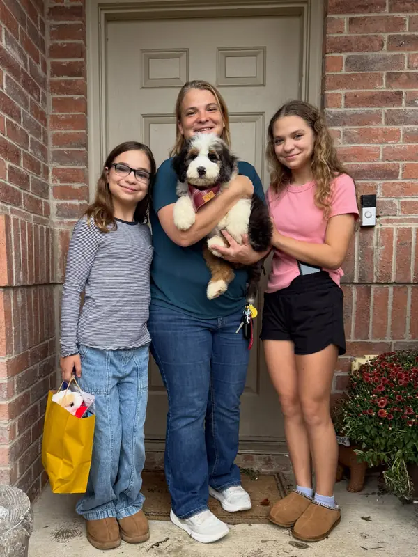 A family on gotcha day, taking home their Bernedoodle puppy from KK Doodles